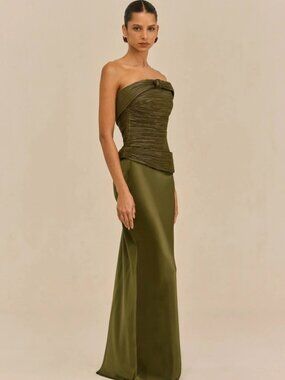 Cult Gaia Olive Green Strapless Twist-Front Women’s Bustier Top and Skirt Set